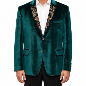 Mens 46R Teal Green Velvet Blazer Hand Embroidered Jeweled Wedding Tuxedo Groom